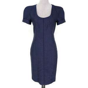 Hugo Boss Dress Womens 6 Navy Blue Lined Sheath Puff Sleeves Scoop Neck Career